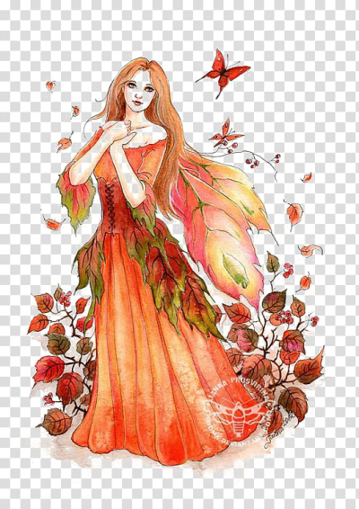 Woman wearing orange dress painting, Autumn Fairy Illustration ...